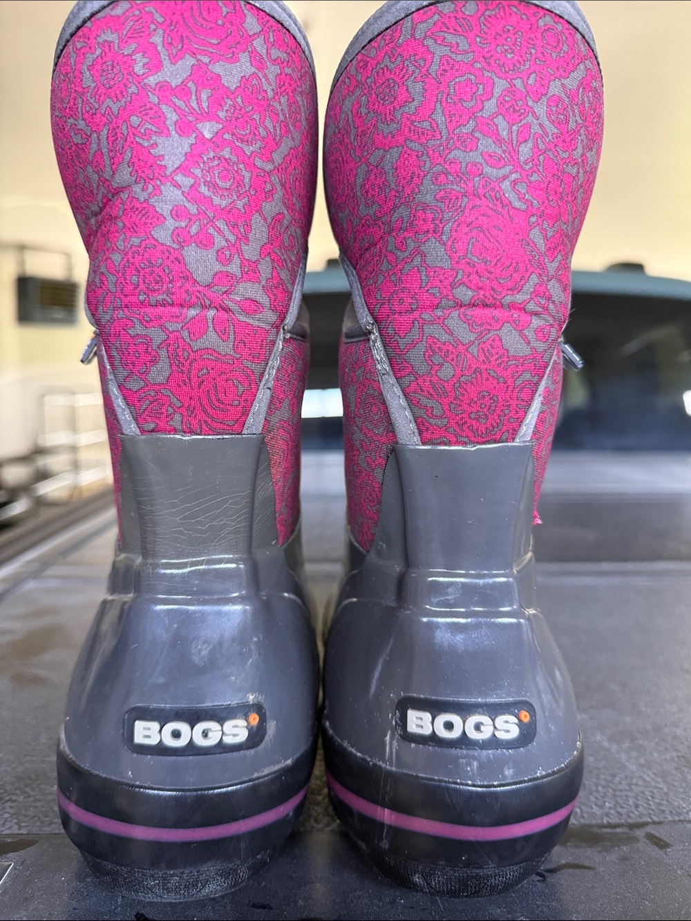 Bogs Women's Gray and Pink Floral Waterproof Winter Boots farm chores western